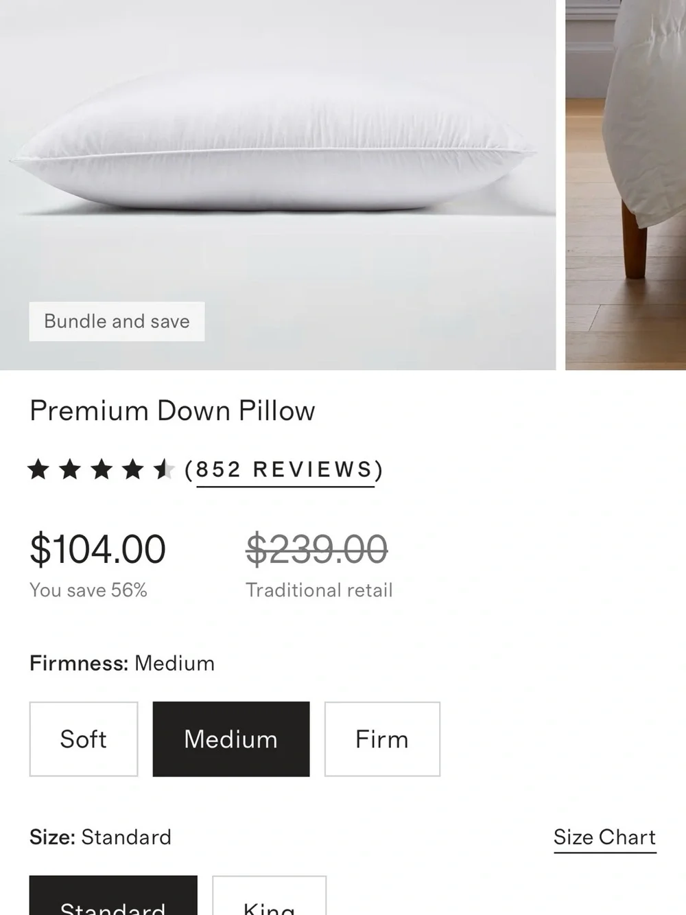 NEW Quince Premium Down Pillow STANDARD MEDIUM Pillow $104 PRICED 50%++ OFF